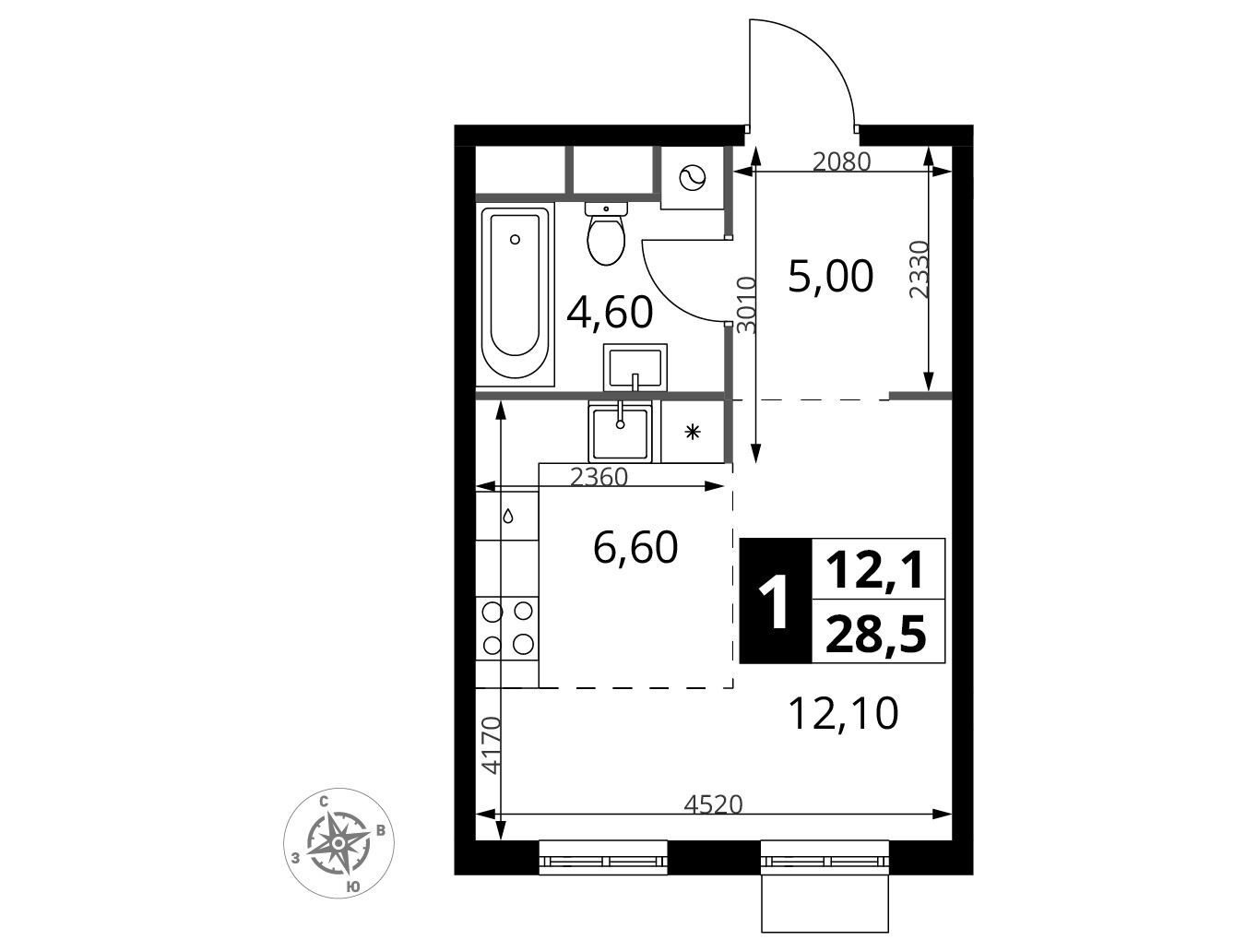 Планировка: Студия 28.30 м² в новостройке ЖК 1-й Химкинский (Первый Химкинский)
