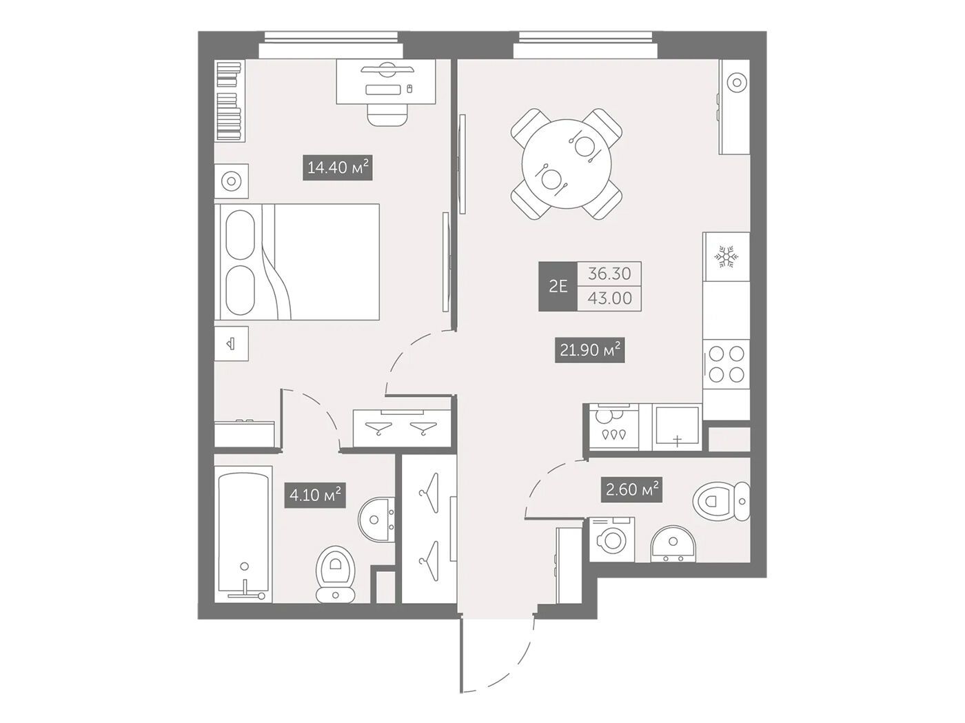 Планировка: 1-комн. квартира 43.00 м² в новостройке Зум на Неве