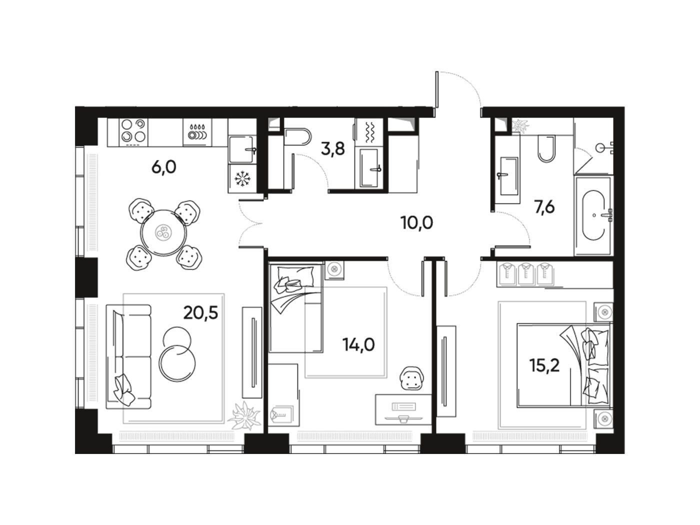 Планировка: 3-комн. квартира 77.70 м² в новостройке Прайд