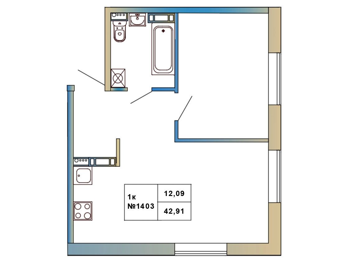 Планировка: 1-комн. квартира 42.91 м² в новостройке Атмосфера Выборга
