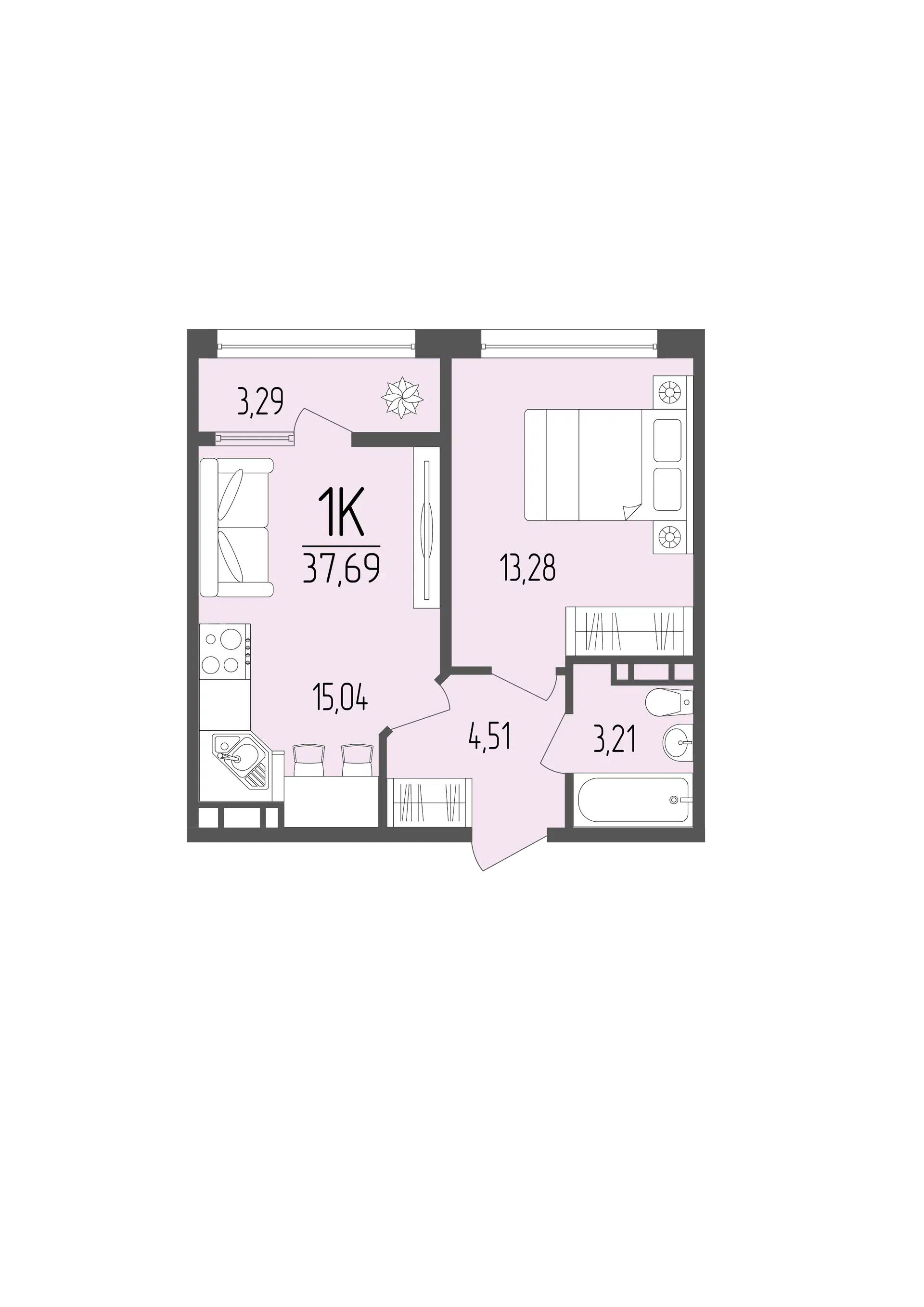 Планировка: 1-комн. квартира 37.69 м² в новостройке Портрет 2