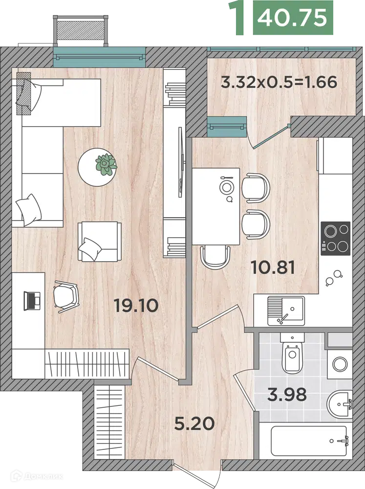 Планировка: 1-комн. квартира 40.75 м² в новостройке Сады у моря