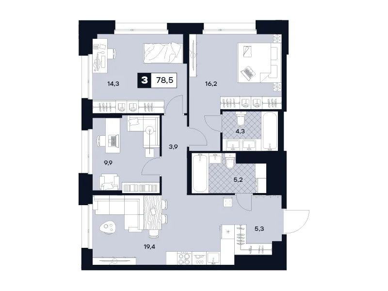 Планировка: 3-комн. квартира 78.50 м² в новостройке ЖК Юту