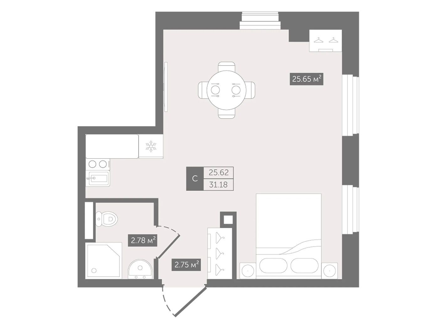 Планировка: Студия 32.00 м² в новостройке Зум Черная речка