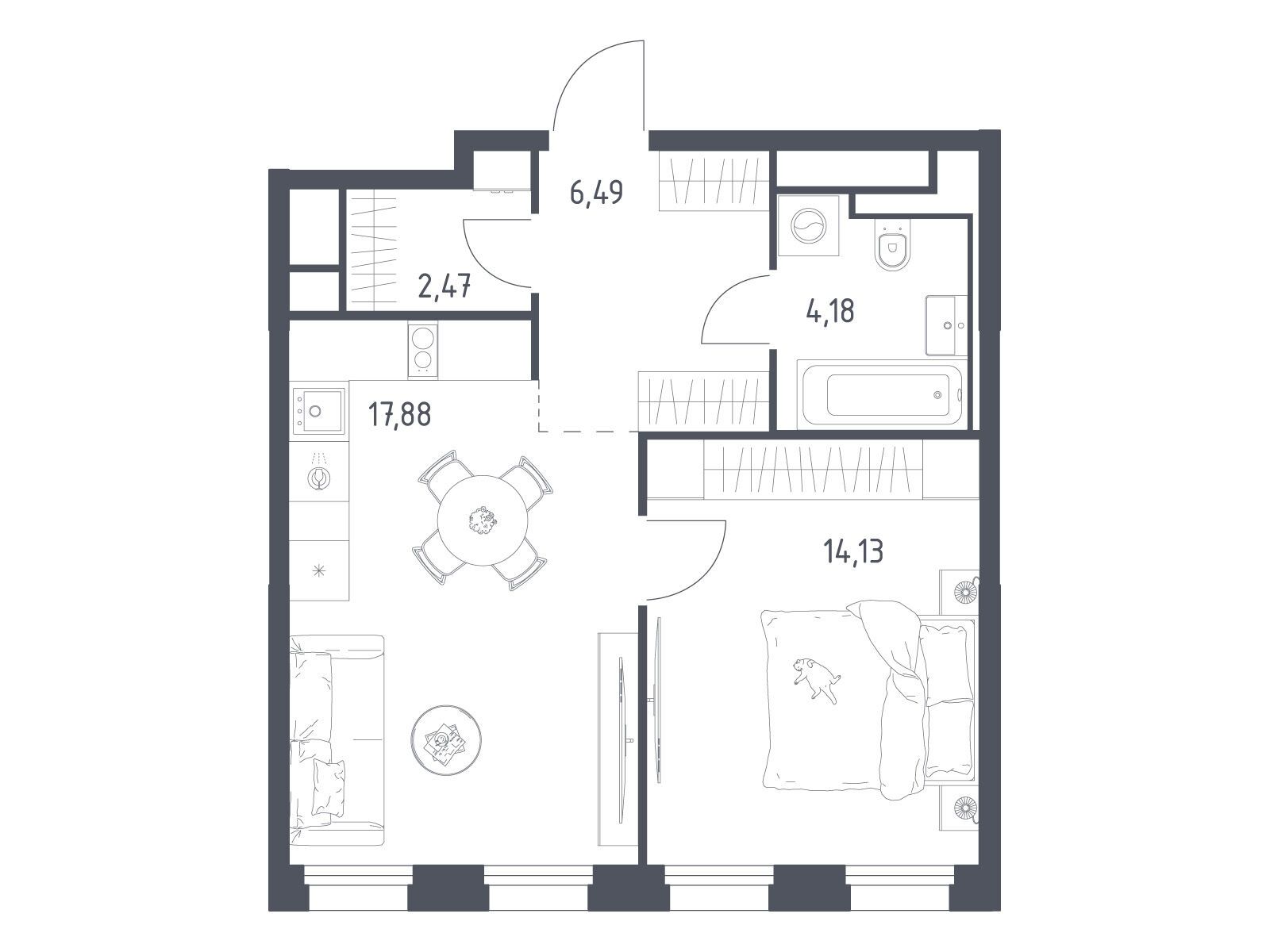 Планировка: 1-комн. квартира 45.15 м² в новостройке Квартал на воде