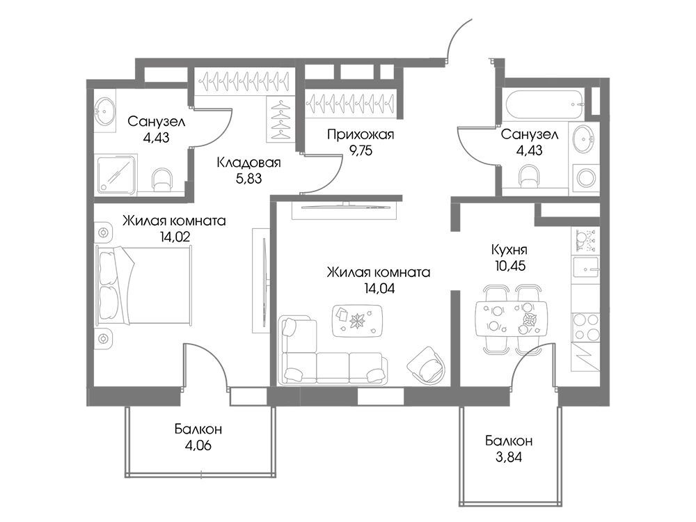 Планировка: 2-комн. квартира 65.32 м² в новостройке Резиденция Рощино