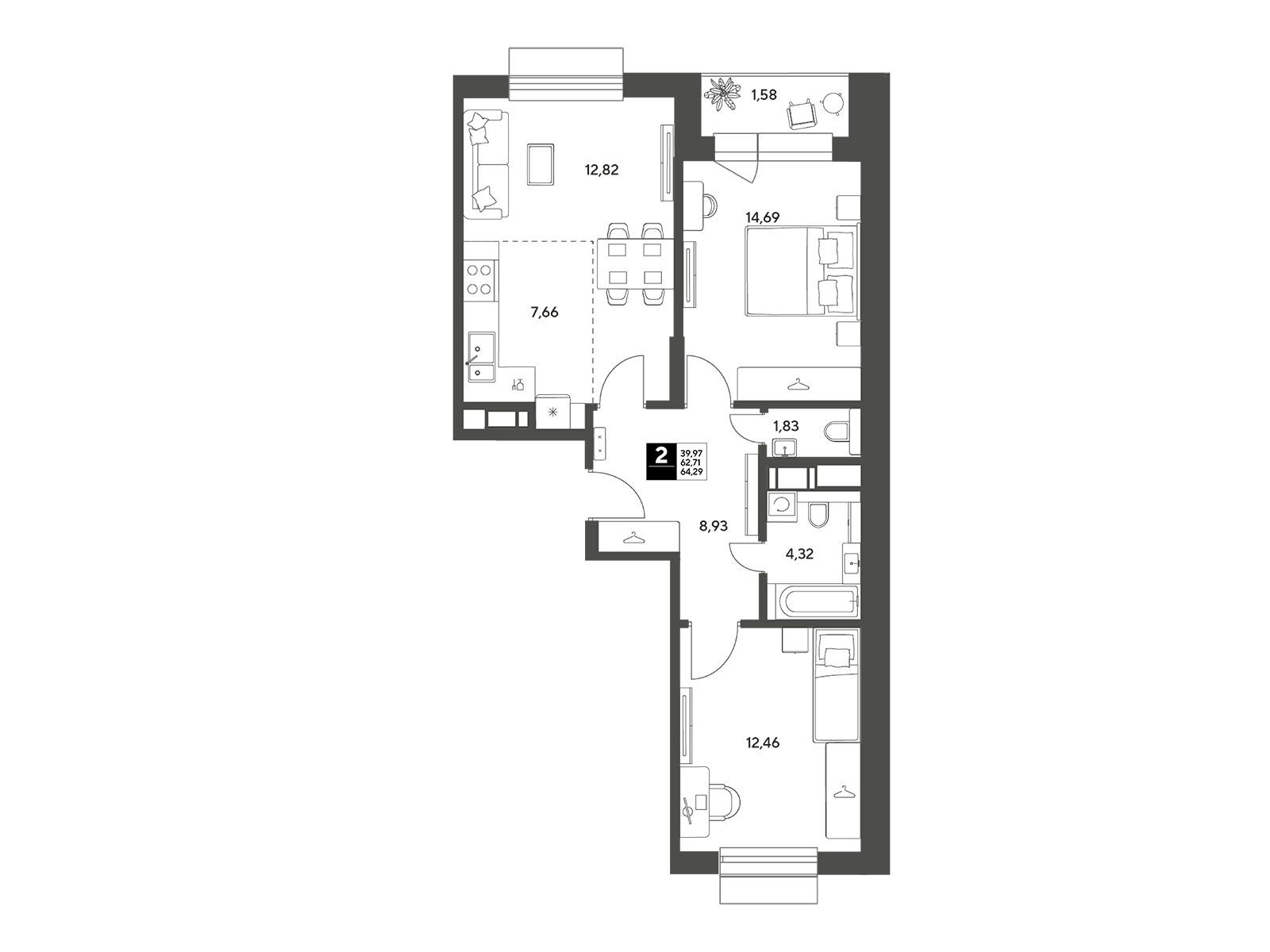 Планировка: 2-комн. квартира 64.29 м² в новостройке Публицист