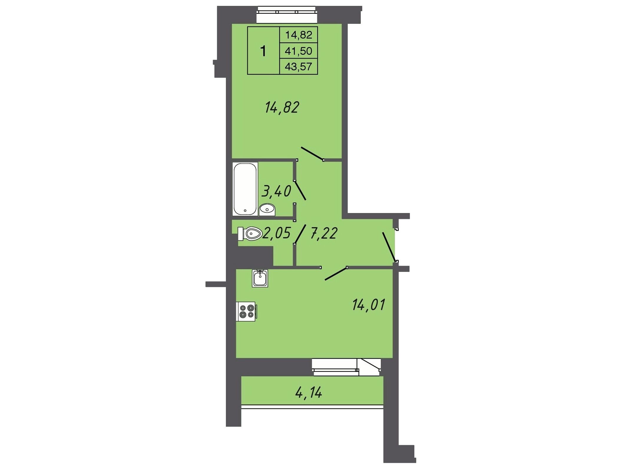 Планировка: 1-комн. квартира 43.65 м² в новостройке Апрель