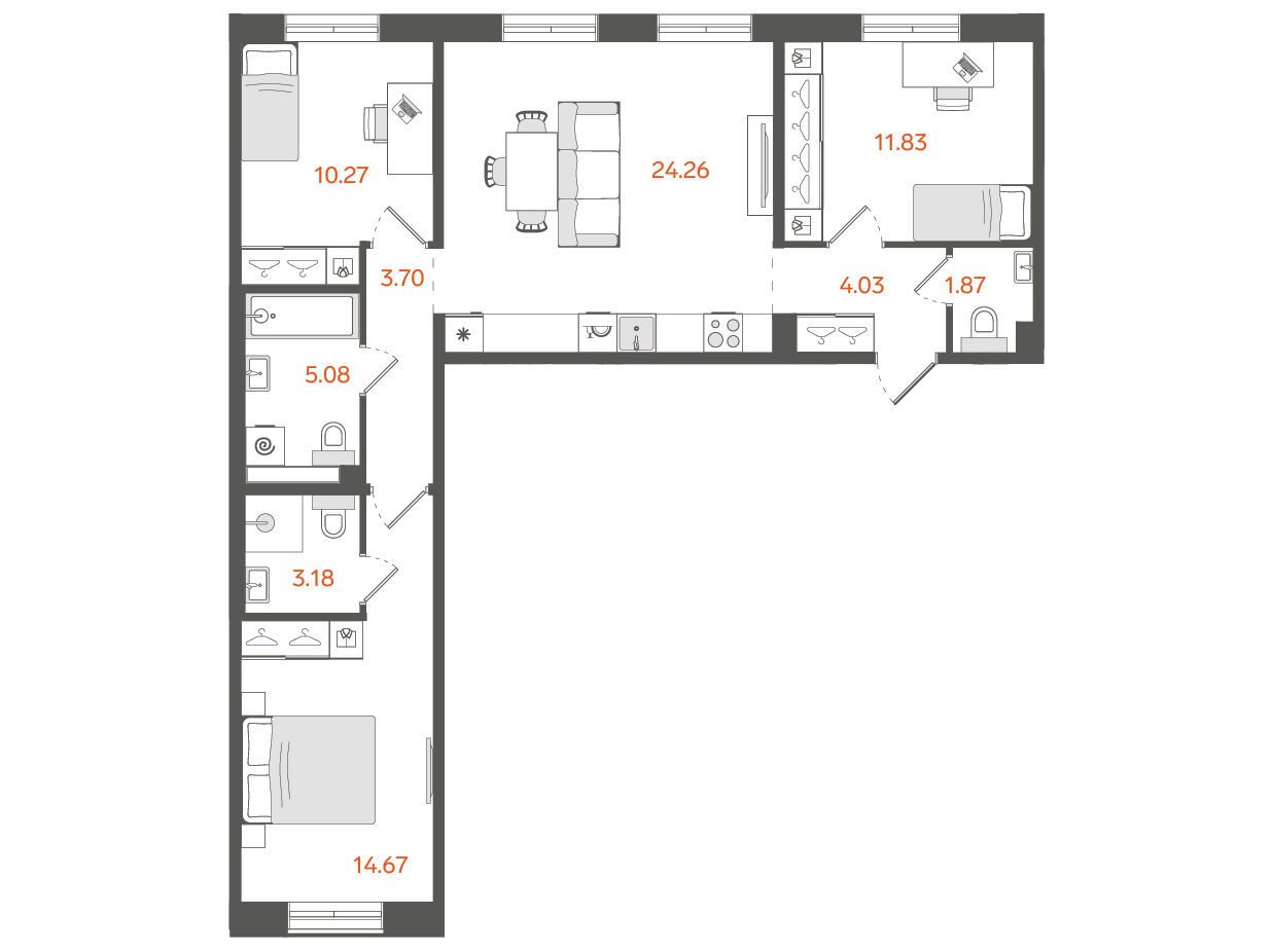 Планировка: 3-комн. квартира 78.90 м² в новостройке Ставни Обводный