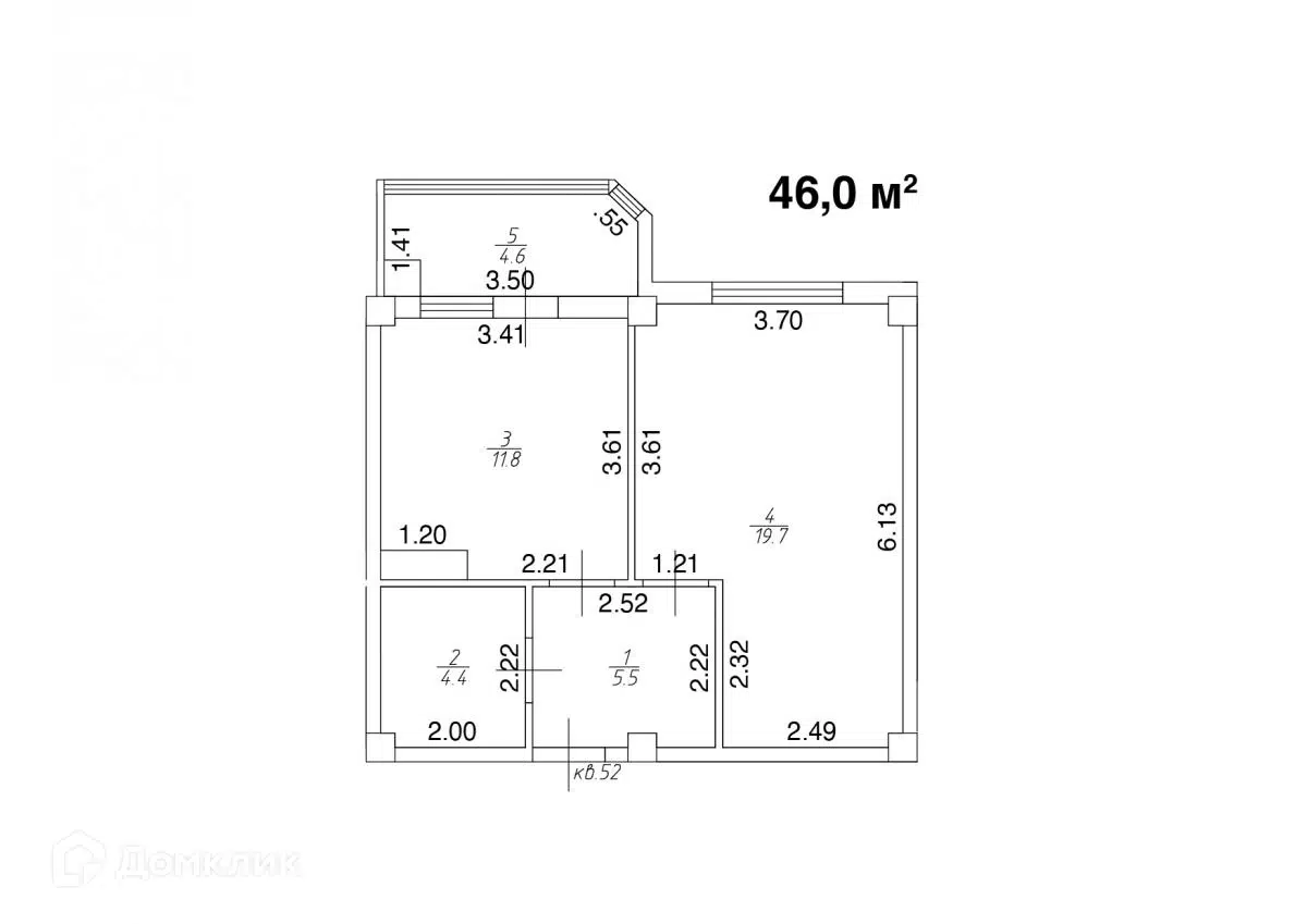 Планировка: 1-комн. квартира 46.00 м² в новостройке Квартал Лета