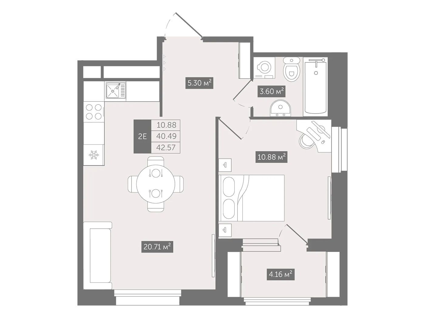 Планировка: 1-комн. квартира 42.57 м² в новостройке Квартал Воронцовский