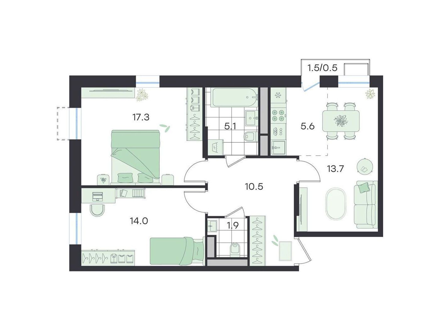 Планировка: 3-комн. квартира 68.70 м² в новостройке Джи Три Театральный