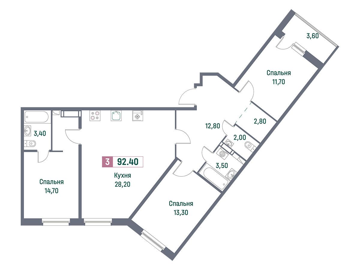 Планировка: 3-комн. квартира 92.40 м² в новостройке Фотограф