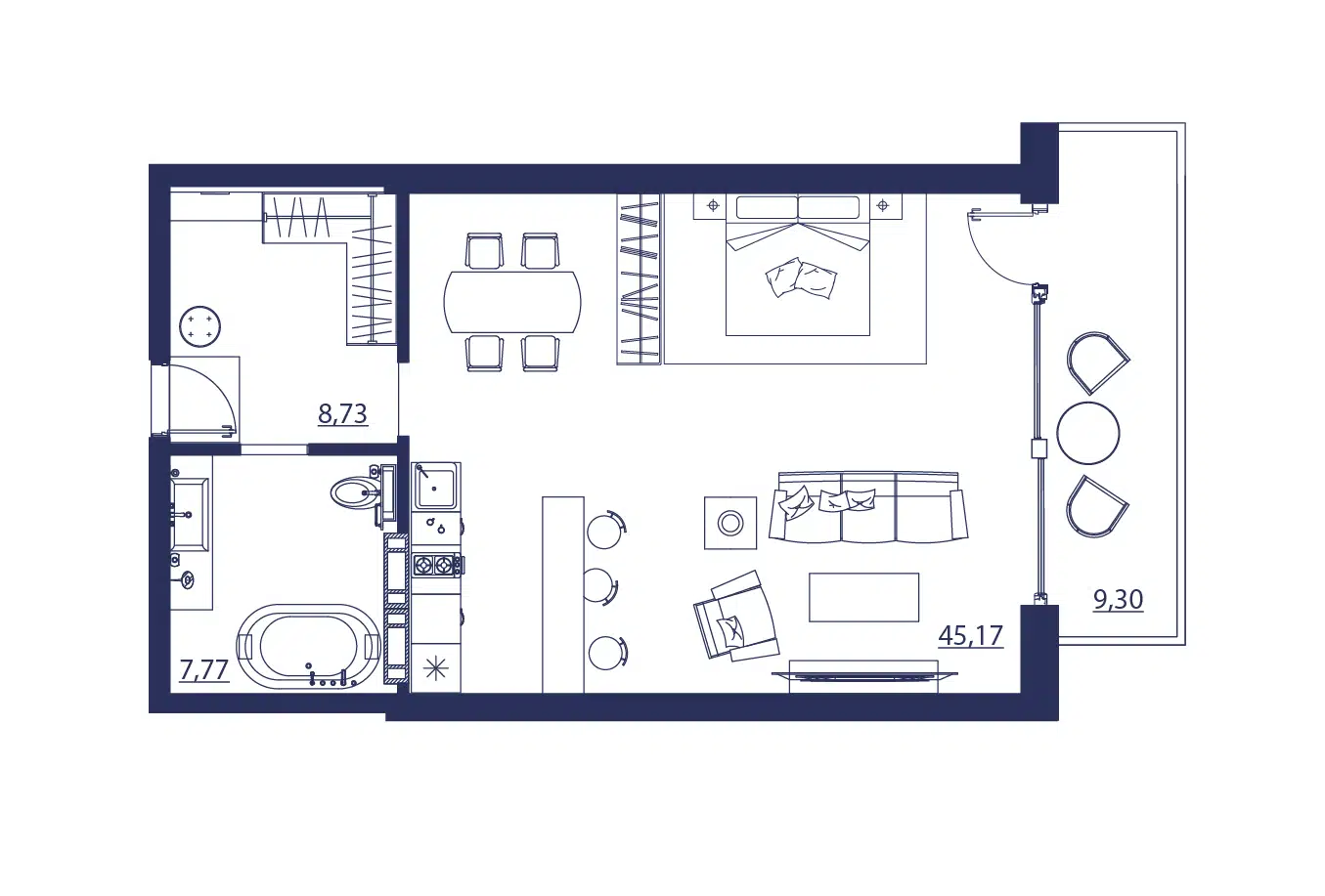 Планировка: Студия 70.97 м² в новостройке Апарт-комплекс Кедровый