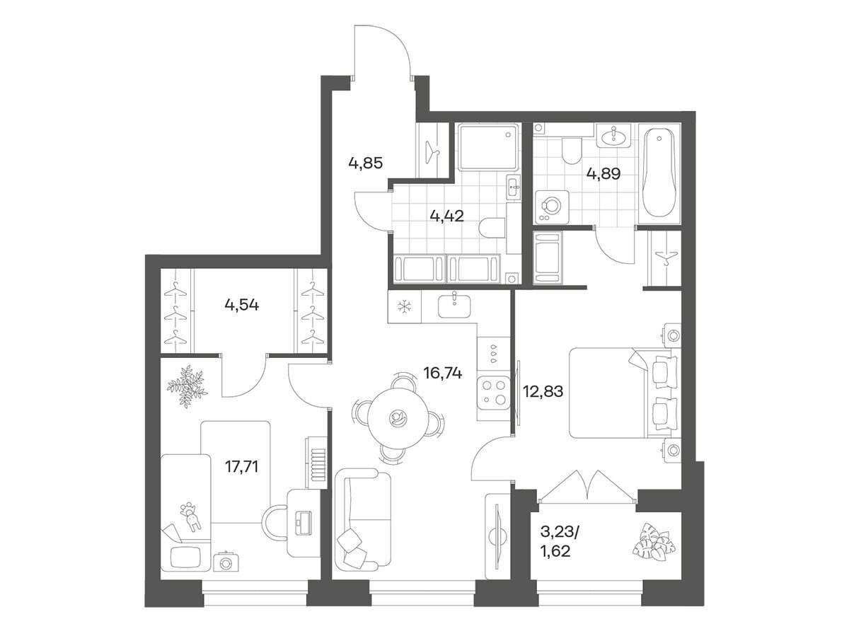 Планировка: 2-комн. квартира 61.60 м² в новостройке Речной квартал