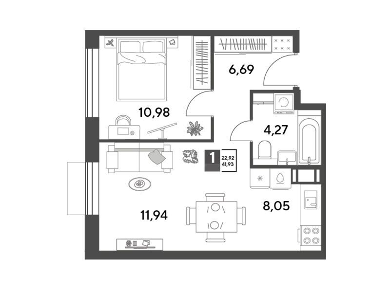 Планировка: 1-комн. квартира 41.93 м² в новостройке ЖК Публицист
