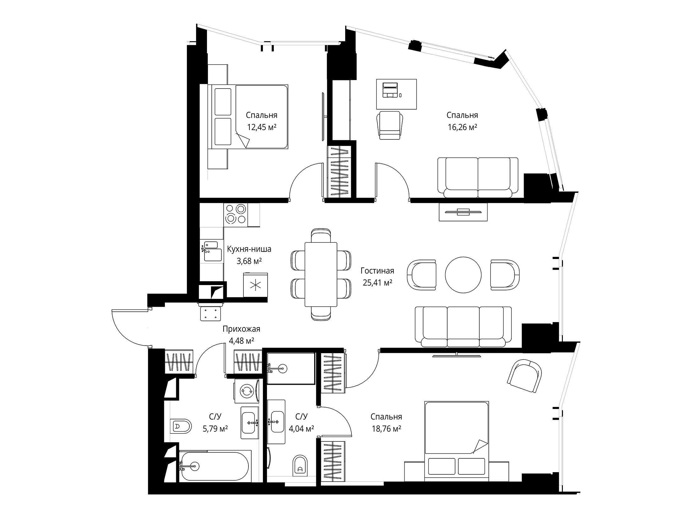Планировка: 3-комн. квартира 91.00 м² в новостройке ЖК Феймос
