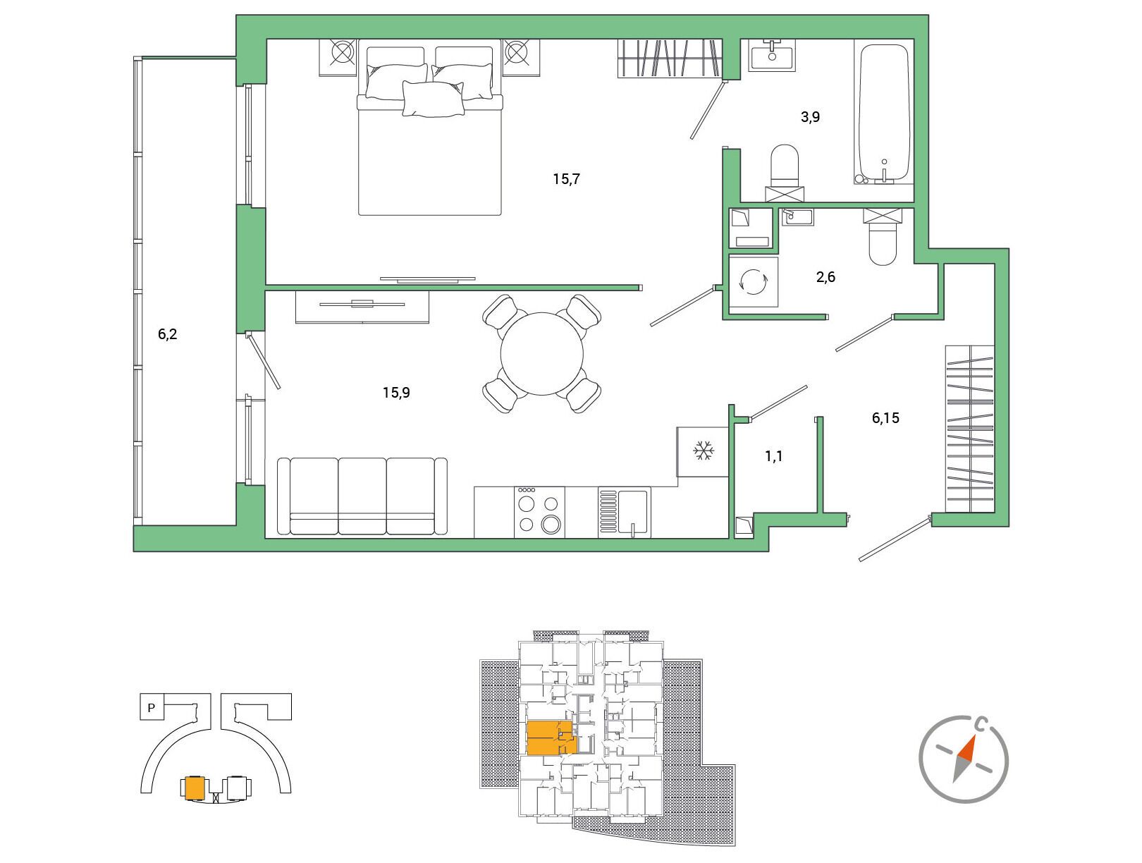 Планировка: 1-комн. квартира 48.45 м² в новостройке Окла Вижн