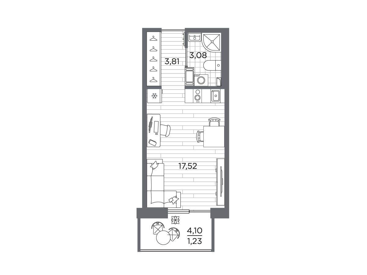 Планировка: Студия 25.64 м² в новостройке Сезоны