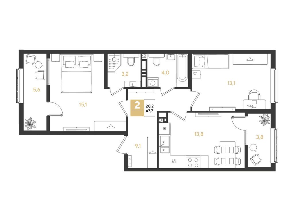 Планировка: 2-комн. квартира 67.70 м² в новостройке Ридз