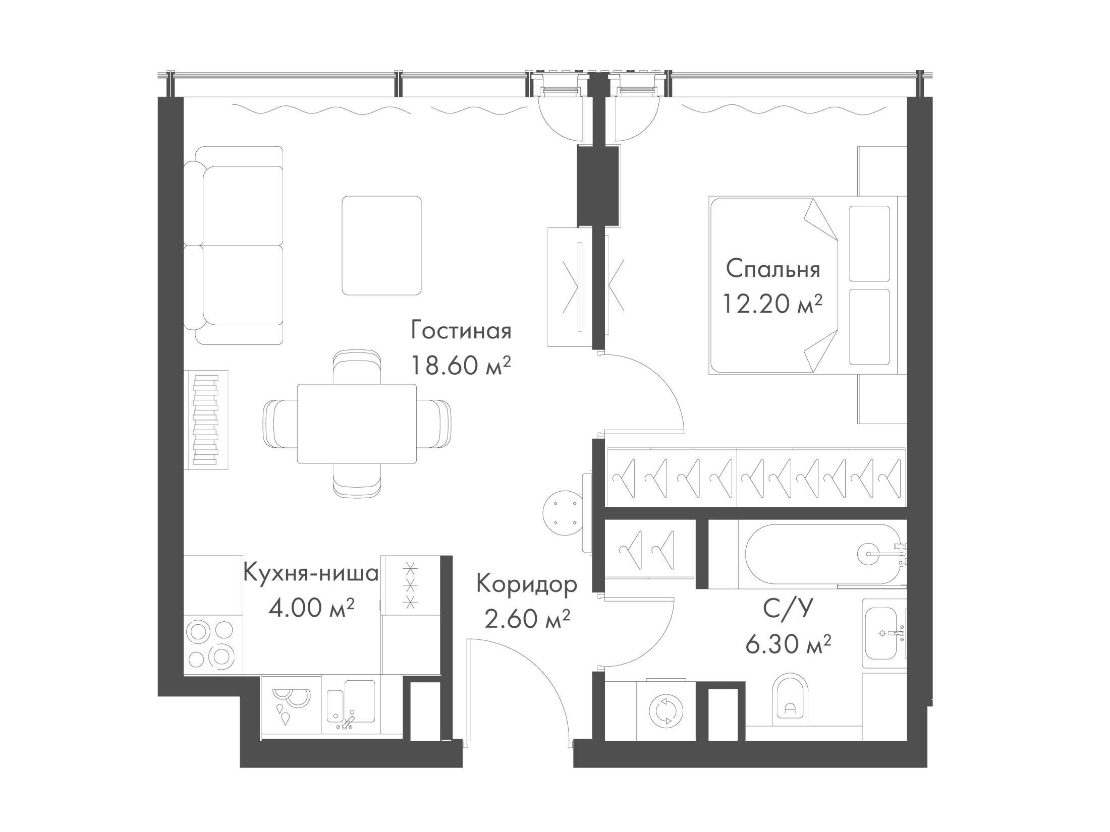 Планировка: 1-комн. квартира 43.70 м² в новостройке Слава