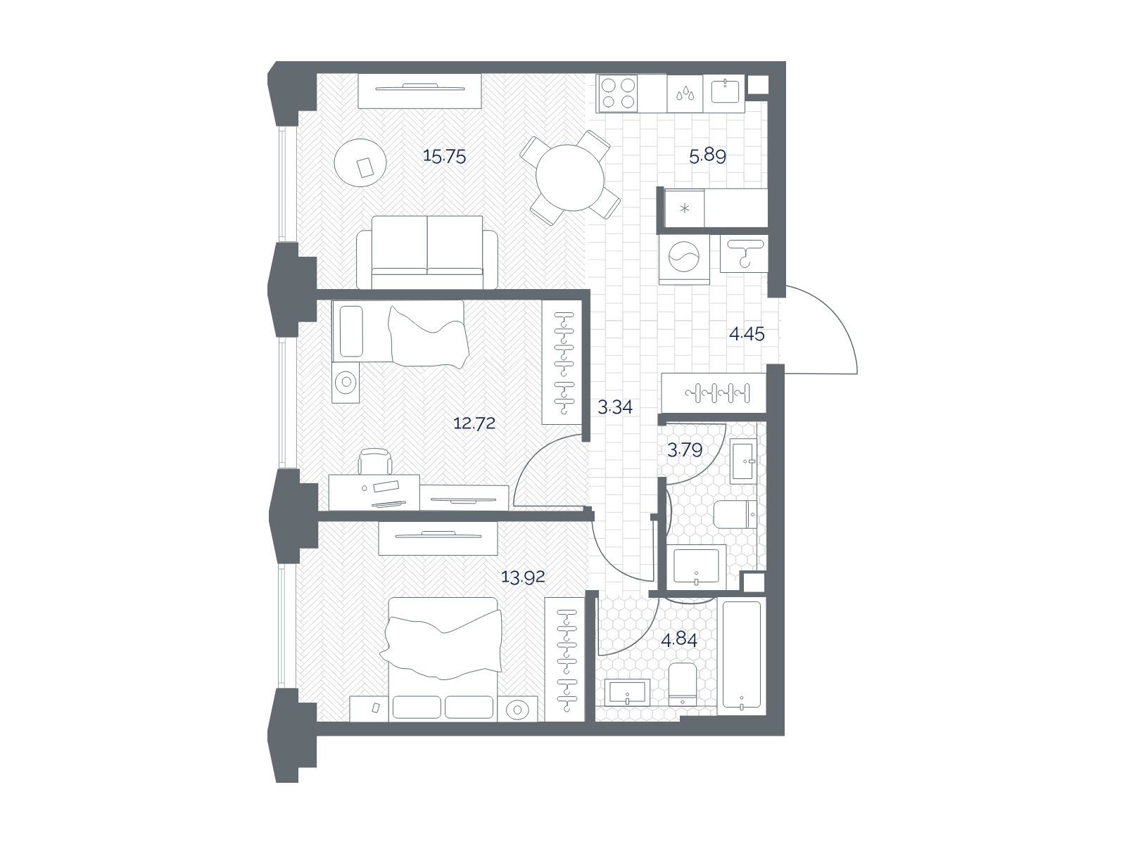 Планировка: 2-комн. квартира 64.70 м² в новостройке Тейт
