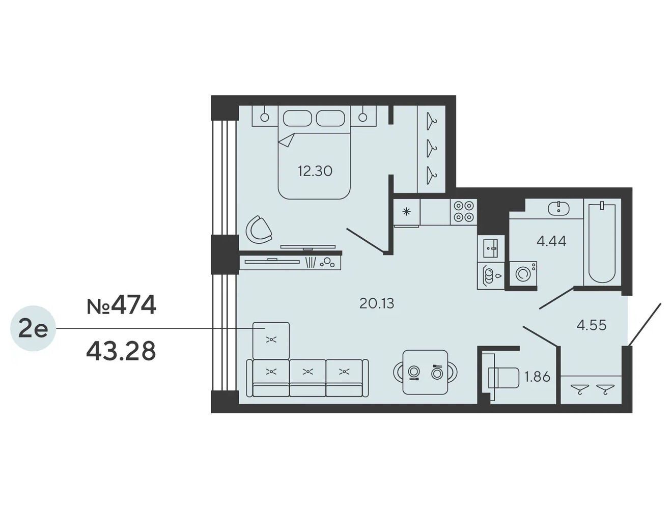 Планировка: 1-комн. квартира 43.28 м² в новостройке Башни Элемент