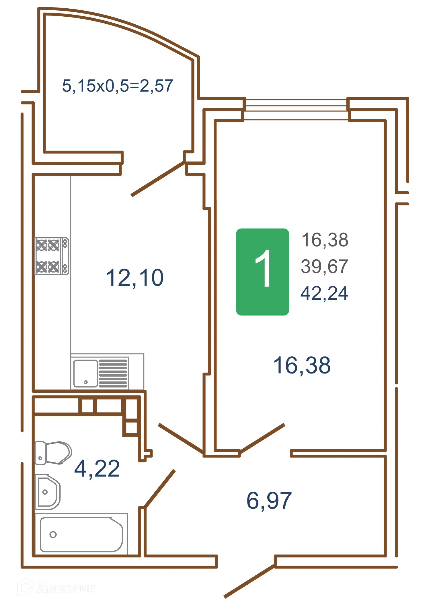 Планировка: 1-комн. квартира 43.85 м² в новостройке Хорошая Погода