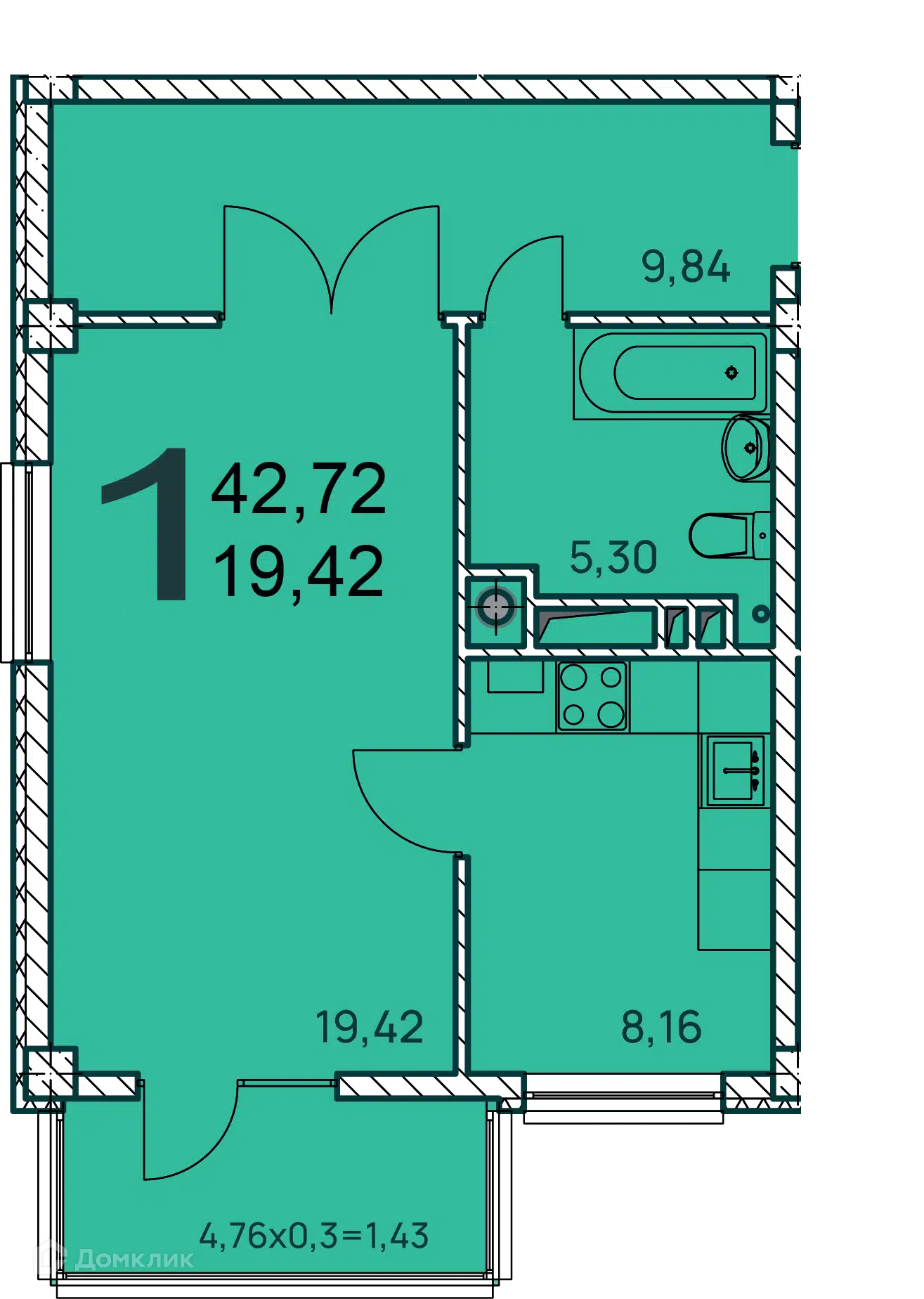 Планировка: 1-комн. квартира 43.09 м² в новостройке Две реки