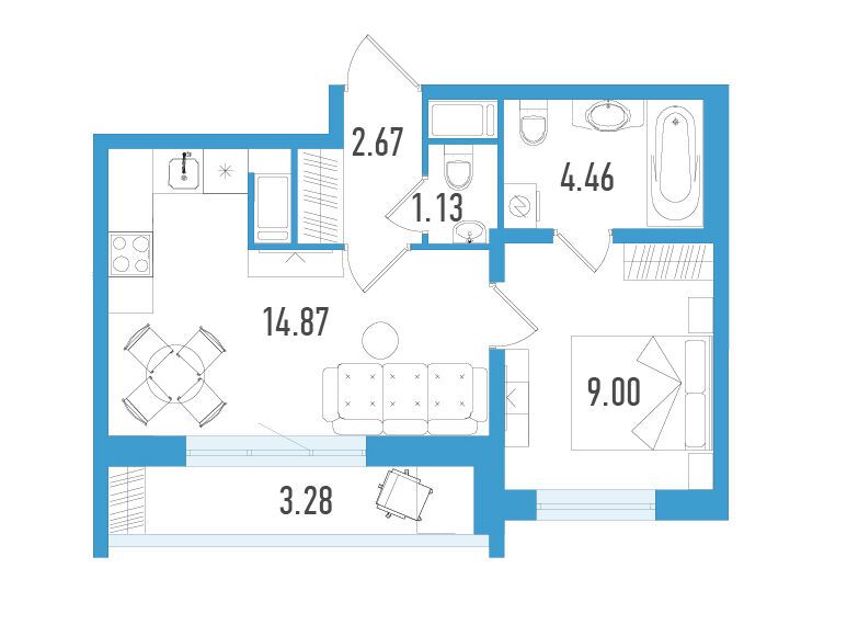 Планировка: 1-комн. квартира 33.11 м² в новостройке Южный форт
