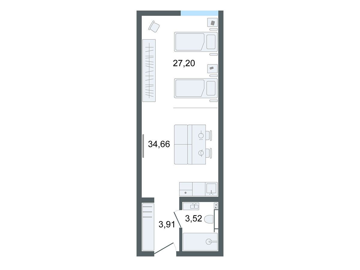 Планировка: Студия 34.66 м² в новостройке Лайф Апарт Октябрьская