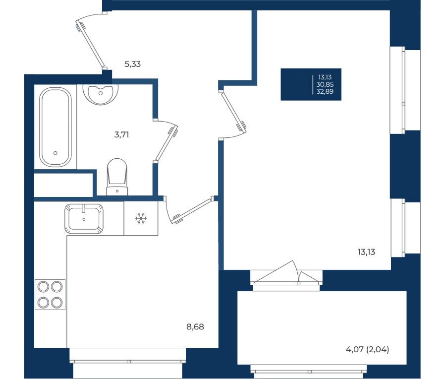 Планировка: 1-комн. квартира 32.89 м² в новостройке Новатория