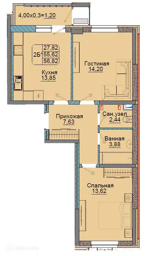 Планировка: 2-комн. квартира 56.82 м² в новостройке Репин-Парк