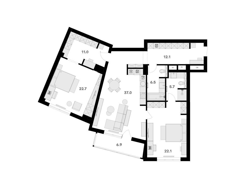 Планировка: 3-комн. квартира 124.40 м² в новостройке Ривер Хаус