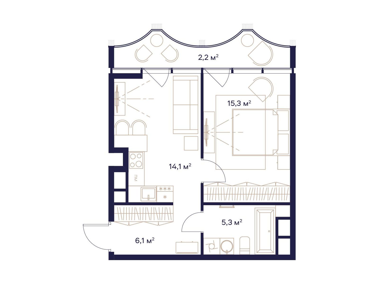 Планировка: 1-комн. квартира 43.00 м² в новостройке Квартал здоровой жизни Союз