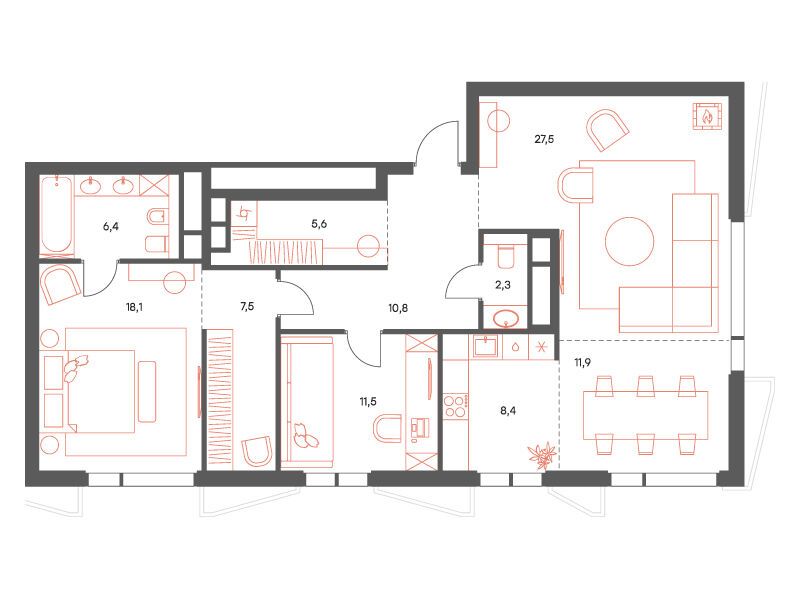 Планировка: 3-комн. квартира 110.40 м² в новостройке ЖК Саввинская 17
