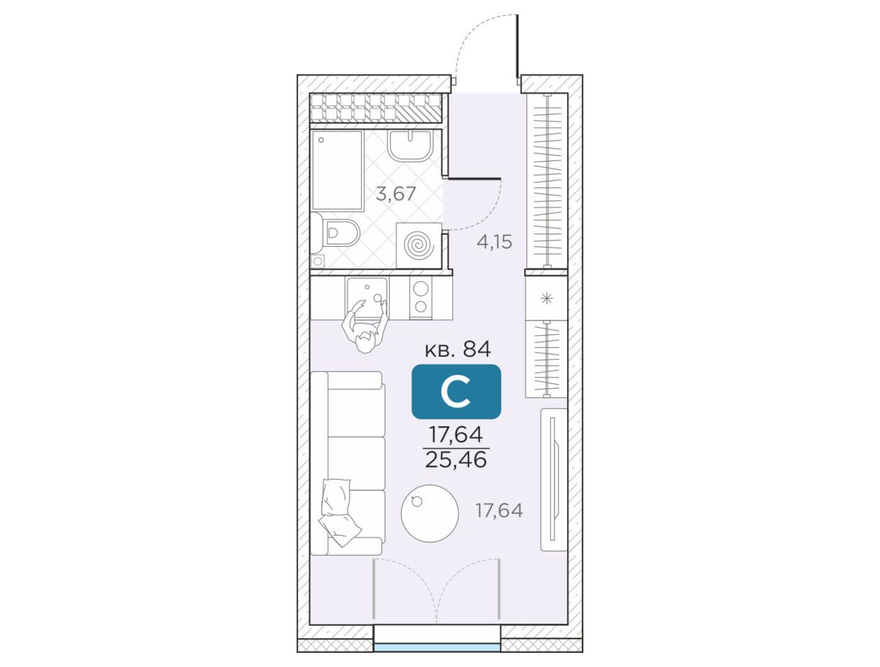 Планировка: 1-комн. квартира 25.46 м² в новостройке Гильдия