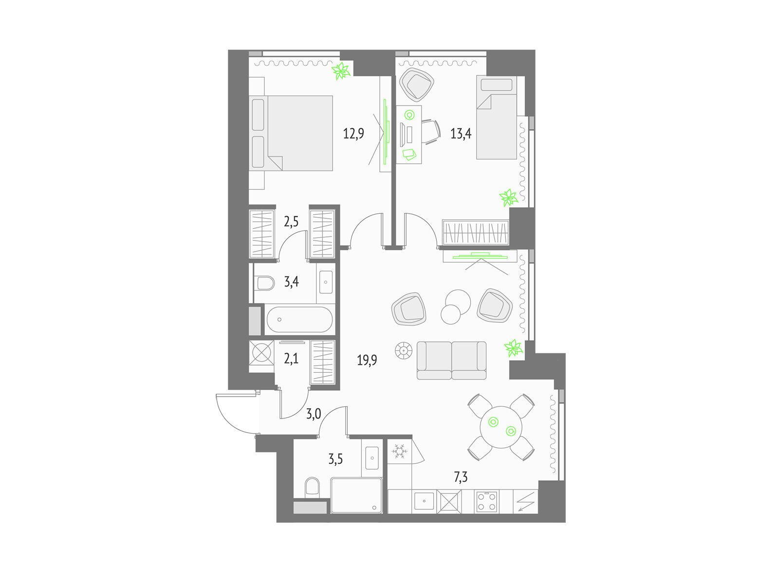 Планировка: 2-комн. квартира 69.10 м² в новостройке Апсайд Тауерс