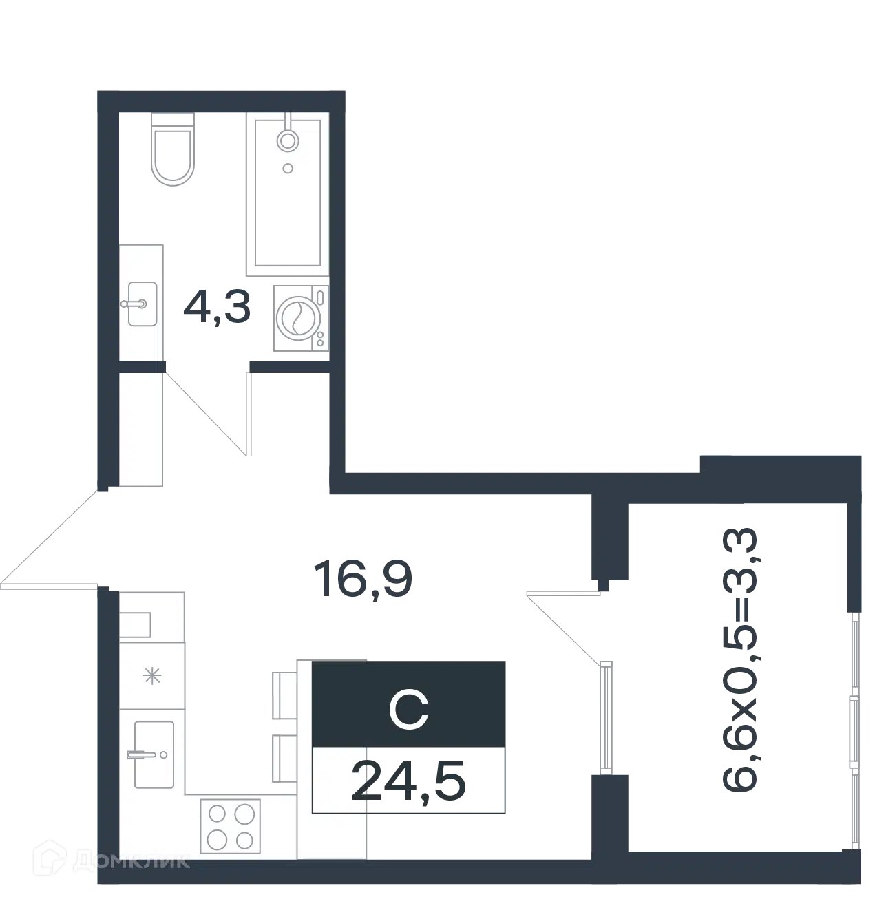 Планировка: Студия 24.80 м² в новостройке Новая Елизаветка