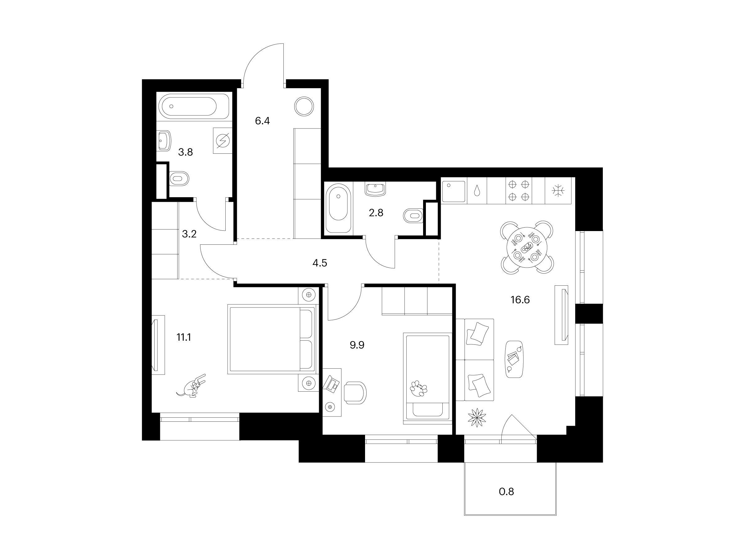 Планировка: 2-комн. квартира 59.10 м² в новостройке Онежский вал