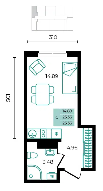 Планировка: Студия 23.33 м² в новостройке ЖК Курортный Регион