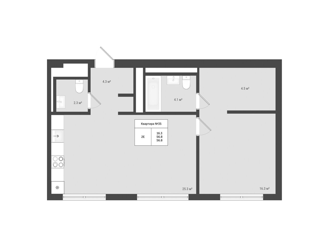 Планировка: 2-комн. квартира 56.80 м² в новостройке Яковлево