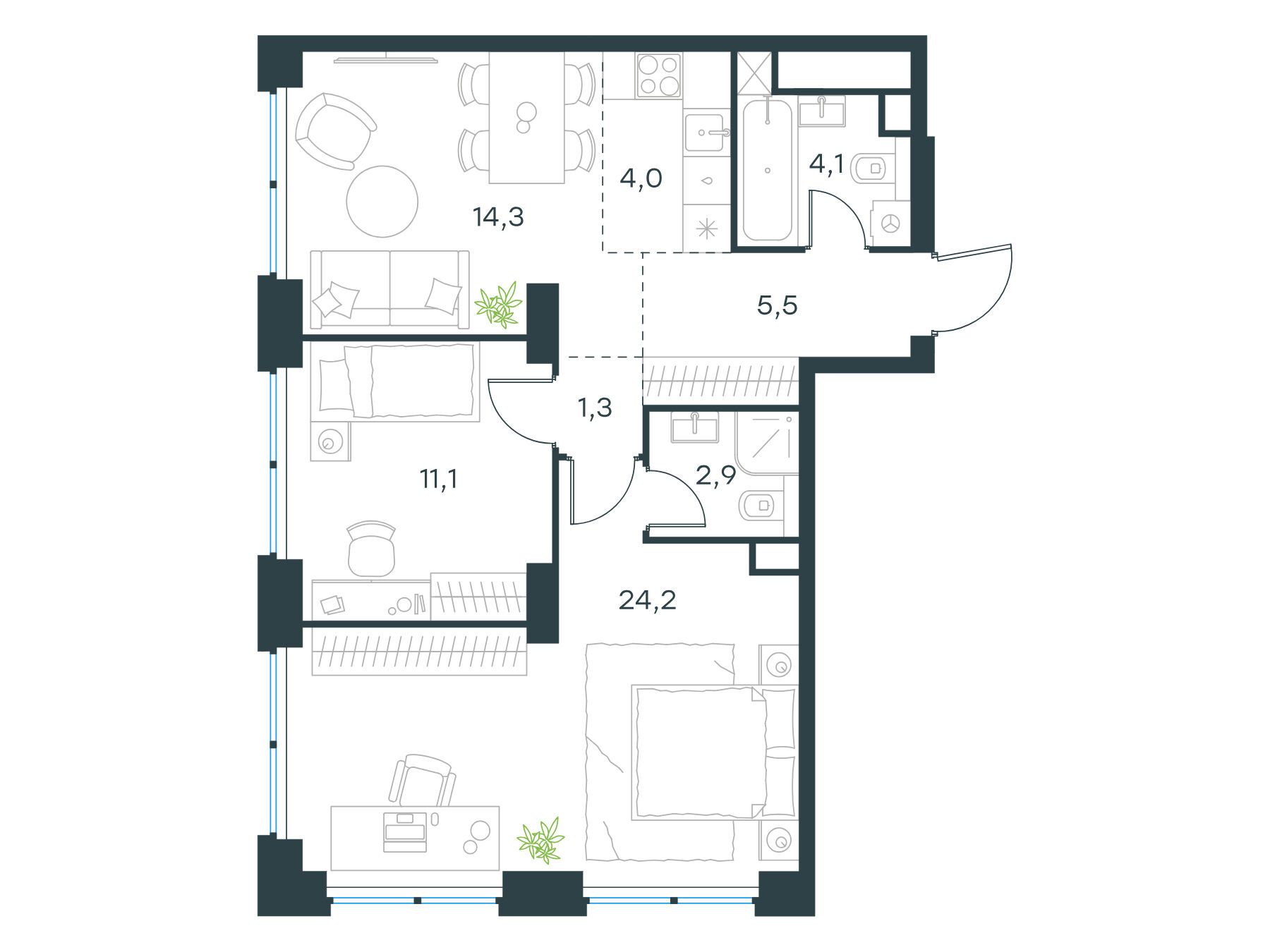 Планировка: 3-комн. квартира 67.40 м² в новостройке Левел Звенигородская
