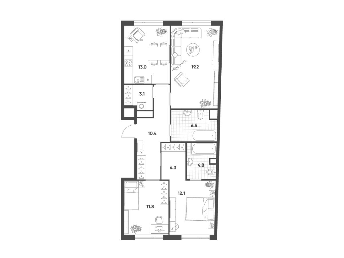 Планировка: 3-комн. квартира 84.80 м² в новостройке Воксхолл