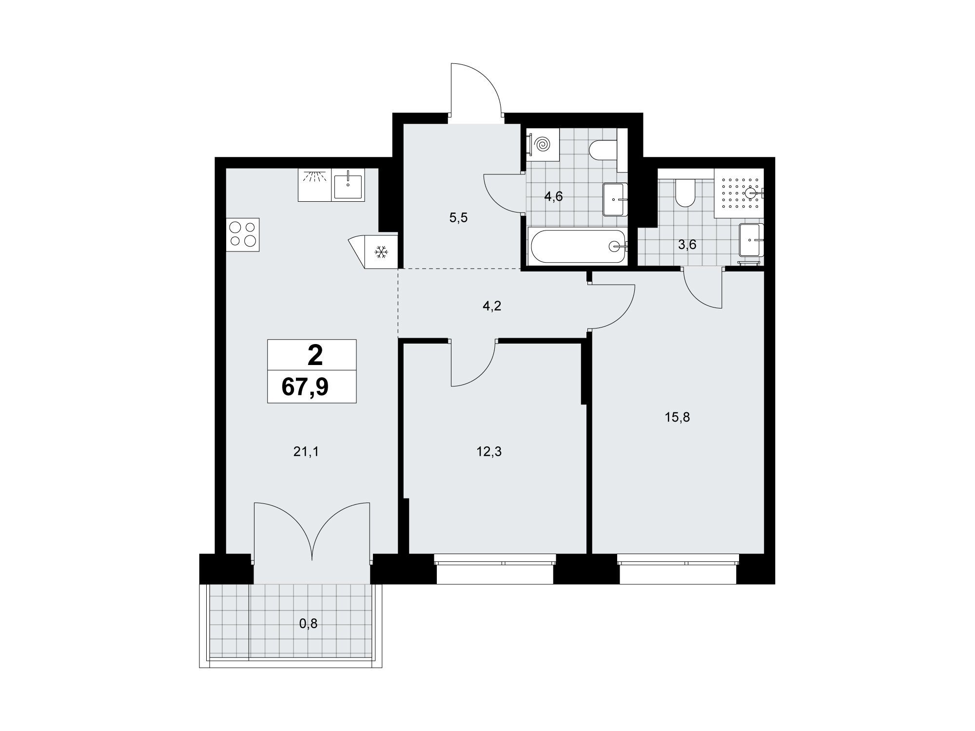 Планировка: 2-комн. квартира 67.90 м² в новостройке Хольм