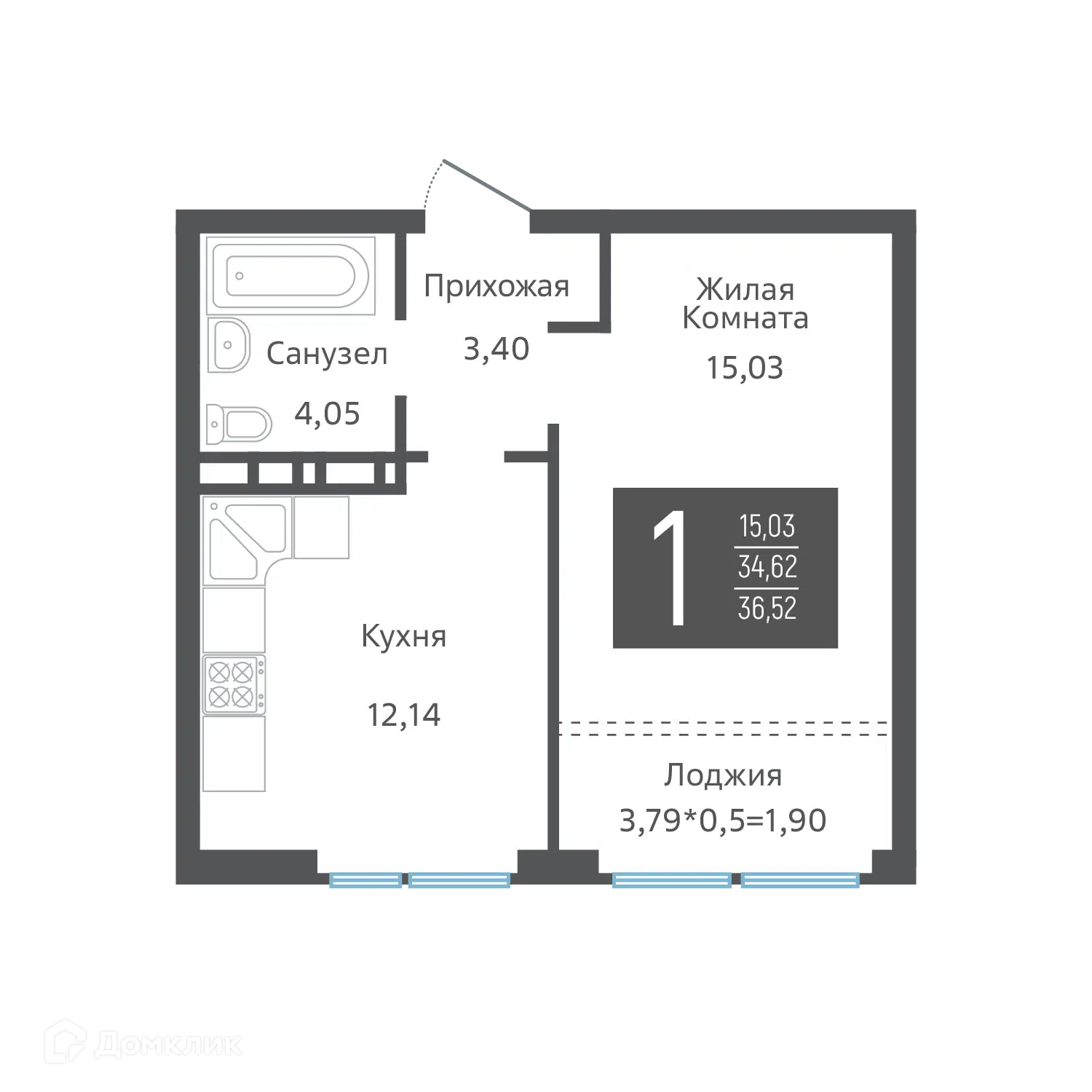 Планировка: 1-комн. квартира 37.60 м² в новостройке Гарантия на Обрывной