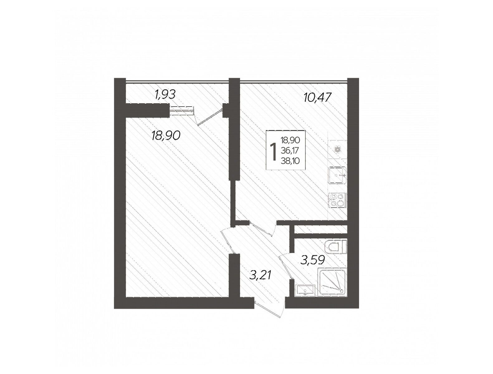 Планировка: 1-комн. квартира 38.10 м² в новостройке Кислород