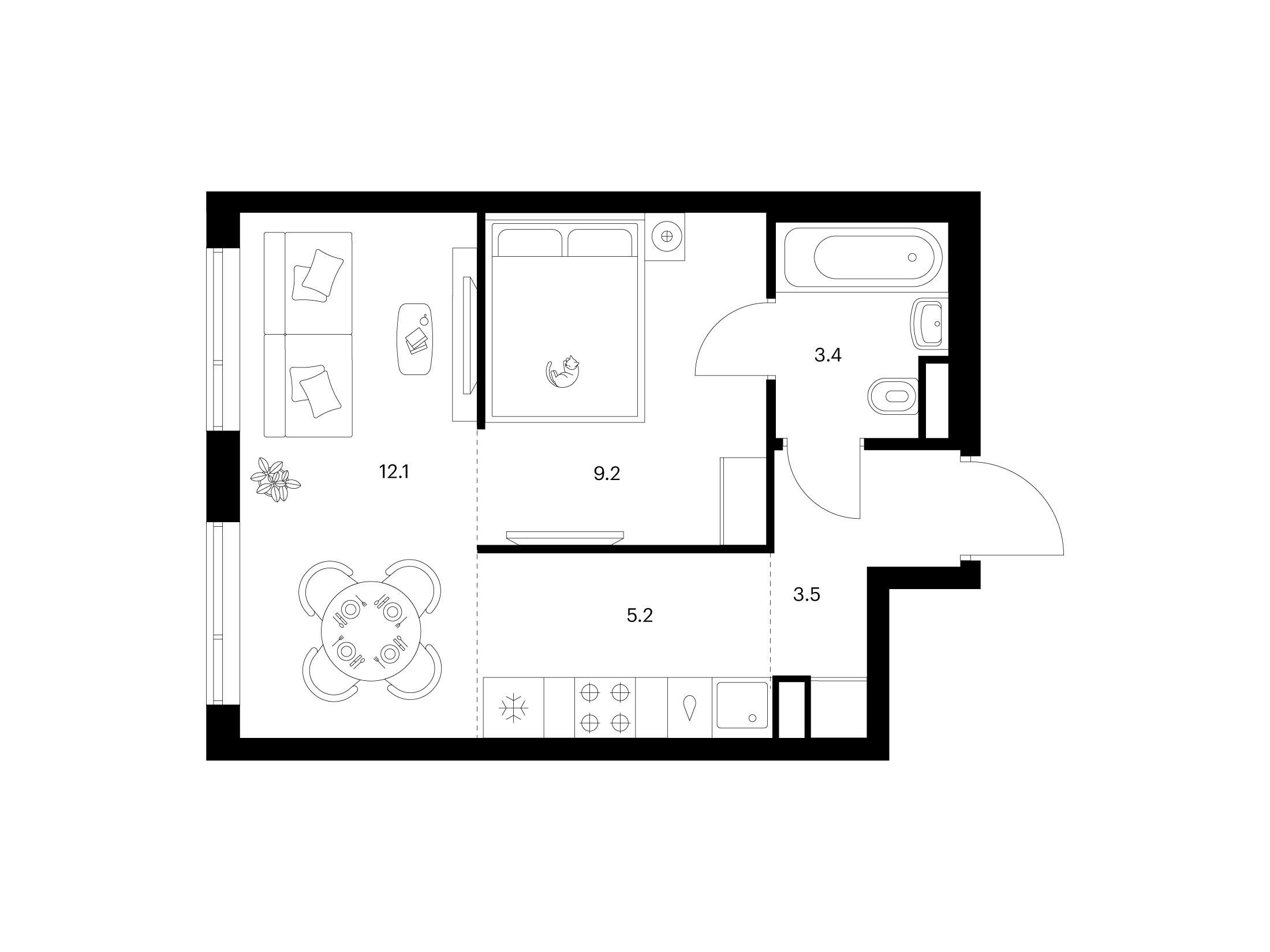 Планировка: 1-комн. квартира 33.40 м² в новостройке Бунинская набережная