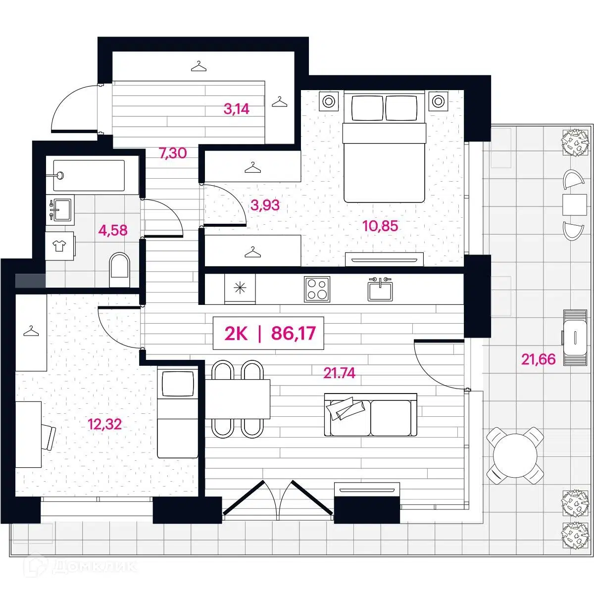 Планировка: 2-комн. квартира 86.17 м² в новостройке Пушкина