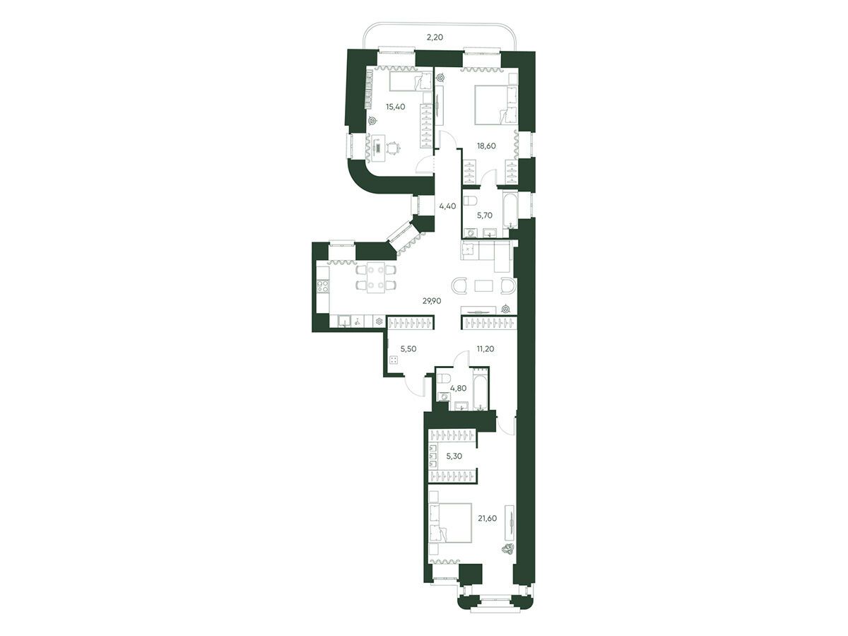Планировка: 3-комн. квартира 124.60 м² в новостройке Моисеенко 10